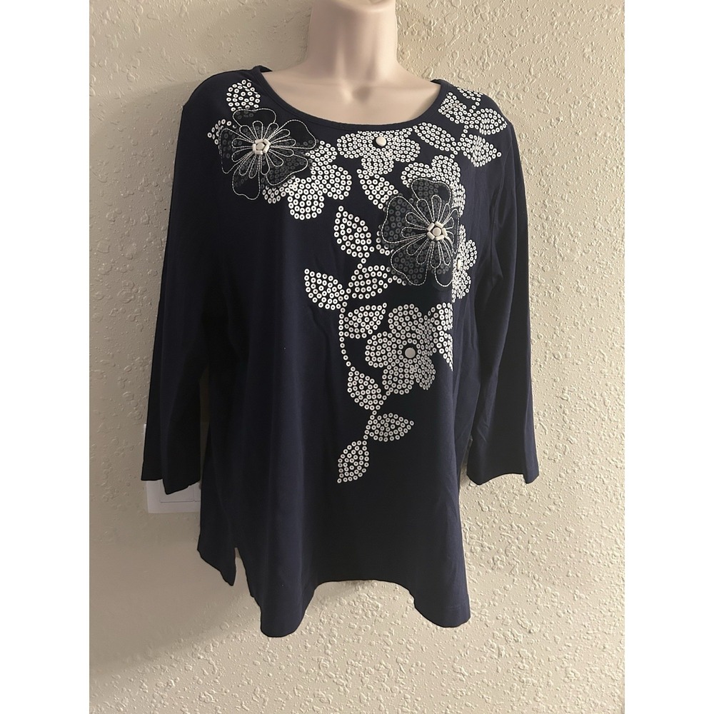 New Large Alfred Dunner Navy Bead Embellished Top #336*11